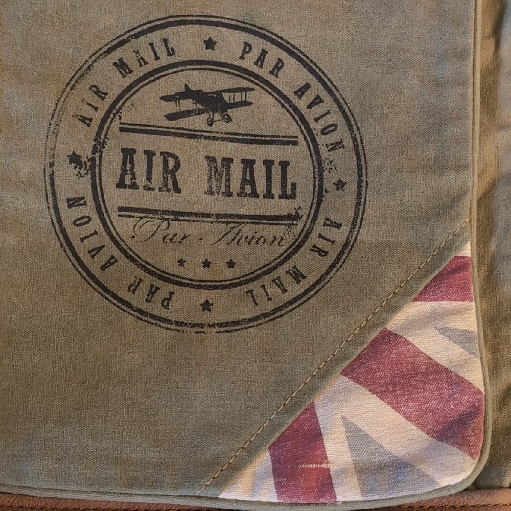 Olive Green Canvas Messenger Bag with Brown Trim and Air Mail Print